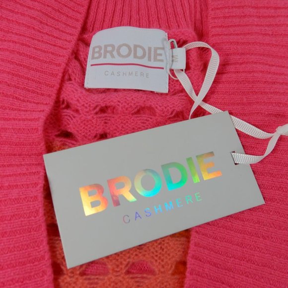 BRODIE CASHMERE Sunset Pointelle Knit Stripe CARDIGAN M L Neon Pink NEW $398 - Picture 3 of 11